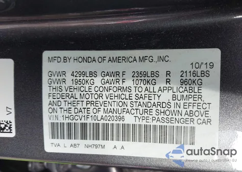 2020 Honda Accord Lx из США, поврежденный, VIN 1HGCV1F10LA020396